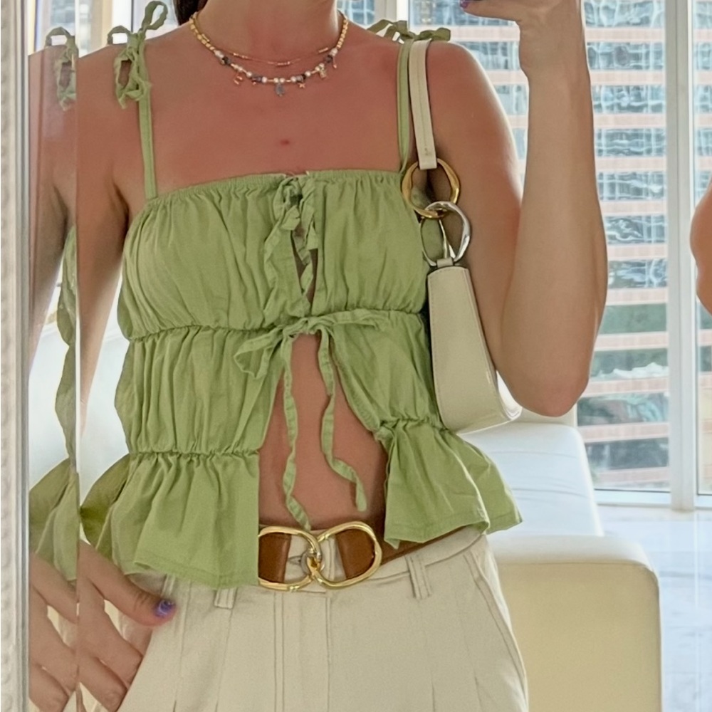 Another Reason Light Green Ruffled Tank Tie Top - Picture 2 of 2